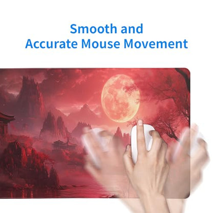Red Landscape Mouse Pad 31.5x11.8 Inch Red Full Desk Japanese Mousepad Extended Large Non-Slip Rubber Base Waterproof Big Keyboard Mat with Stitched Edges for Gaming and Office - color: Red Landscape