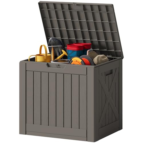 JUMMICO 42 Gallon Deck Box Waterproof, Resin Outdoor Storage Box with Side Handles, Outdoor Storage Benches Lockable for Patio Cushions and Garden Tools (Brown) - color: Brown, size: 42 gallon