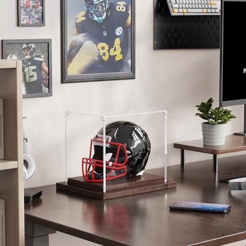 VGMiu Mini Helmet Display Case with Wood Base, Clear Acrylic Football Helmet Display Case Dustproof Box for Helmets, Sports Collectibles, Memorabilia Displays - size: Mini Helmet Case
