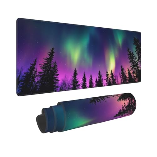 Aurora Gaming Mouse Pad, Northern Nature Forest Sky Large Extended Desk Mat 11.8X 31.5 inches with Non-Slip Base & Stitched Edges, Waterproof Desk Mat for Office, Home, Laptop, Computer Keyboard - color: Aurora_02