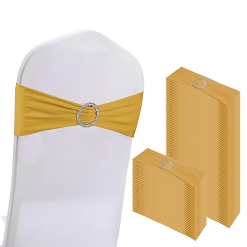 WJWHQ 100PCS Spandex Stretch Chair Sashes Bows Elastic Chair Cover Bands Ties with Buckle Slider for Wedding Party Reception Events Universal Ceremony Banquet Decorations (Gold) - color: Gold