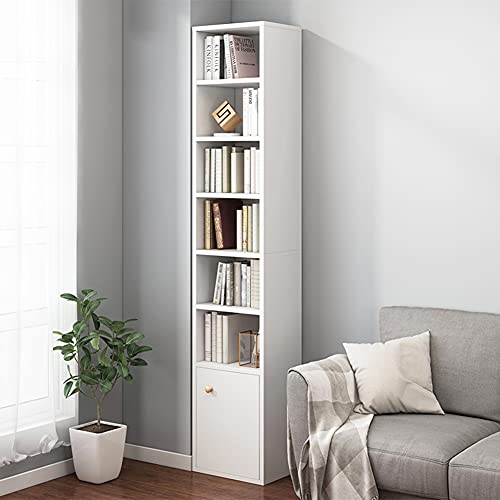 IOTXY Small Narrow Corner Bookcase - 71 Inches Tall Gap Freestanding Storage Cabinet, 7 Lattices Open Shelves Tower Rack with Door, Cubes Bookshelf in White - color: White, size: 7-Cubes with Door