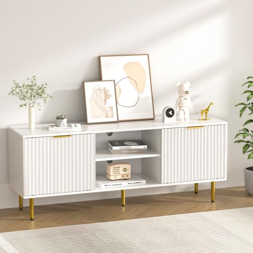 58'' Fluted TV Stand, Mid-Century Modern TV Console for 65/70/75 Inch TV, Wood Entertainment Center with Storage, Sliding Doors, Adjustable Shelves and Media Console for Living Room, Bedroom, White - color: White, size: 57.8"
