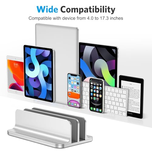 OMOTON Vertical Laptop Stand [Updated Double Version], Desktop Aluminum Mac Book Stand with Adjustable Dock Size, Fits All Mac Book, Surface, Chrome Book and Gaming Laptops (Up to 17.3 inch) (Silver) - color: Silver