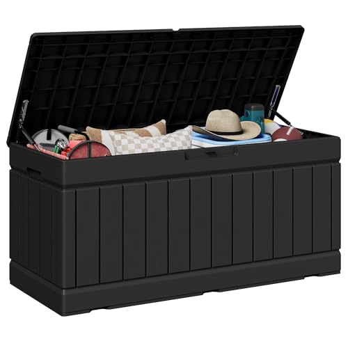 JUMMICO 78 Gallon Outdoor Deck Box Large Resin Storage Box for Patio Furniture Cushions and Garden Tools (Black) - color: Black, size: 78 gallon