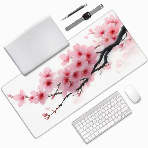 Large mouse pad, XXL gaming keyboard pad, Japanese Pink Sakura Design, Non-Slip Rubber Base, Stitched Edges suitable for gaming and office use, laptop computer table protection pad, 35.4 x 15.7 inches - color: Plum blossoms