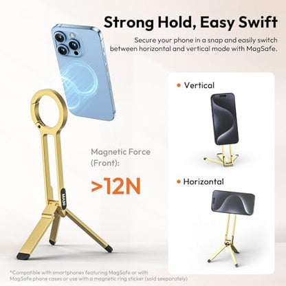 ULANZI MA30 Magnetic Phone Tripod Stand for iPhone - Aluminium Maglock Smartphone Mini Tripod Pocket Cell Phone Stand Strong Magnet Quick Mount Compatible with iPhone 17 16 15 14 13 12 Series, Gold - color: Gold