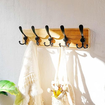 Dseap Coat Rack Wall Mount - Heavy-Duty Robust Rustic Wooden Wall Coat Hanger Hook Rail with 5 Triple Hooks for Winter Jacket & Hat Clothing, Light Brown & Black - color: Light Brown & Black, size: L=17.4"