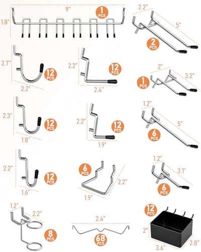 INCLY 170PCS 1/4 Inch Pegboard Hooks Kit, Extra Thick Heavy Duty Peg Board Organizer Accessories Assortment with Pegboard Bins & Peg Lock for Only 1/4" Pegboard Hanging Tools Garage Wall Attachment - size: 170PCS