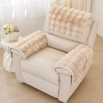 vctops 3 Pieces Faux Rabbit Fur Sofa Armrest Cover for Recliner Chair Non Slip Fluffy Furry Headrest Cover Soft Fuzzy Couch Cover for Dogs Washable Furniture Protector (Khaki,1 Seat) - color: Khaki