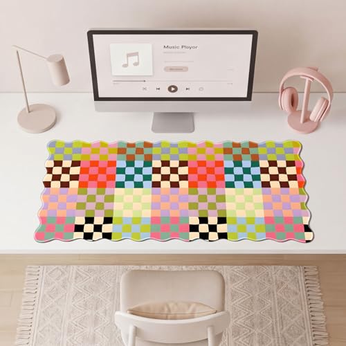 Checkered Boho Colorful Scalloped Mouse Pad,Cute Kawaii Gingham Large Desk Mat Non-Slip Rubber Base,Aesthetic Decor Gaming Desk Pad for Office Laptop Mouse Keyboard Pad, 31.5" x 15.7", XL - color: Checkered Boho Colorful