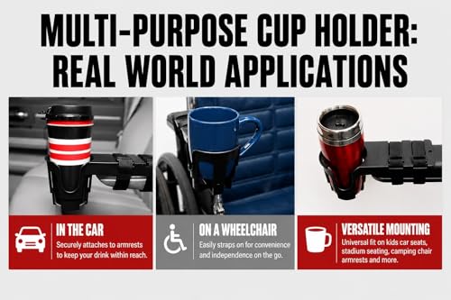 Wheelchair Cup Holder for Armrests – Nearly Universal OH for Power Chairs, Mobility Scooters & Stadium Seats – No-Clamp Adjustable Strap-On Drink Holder - Removable Beverage Holder - Black