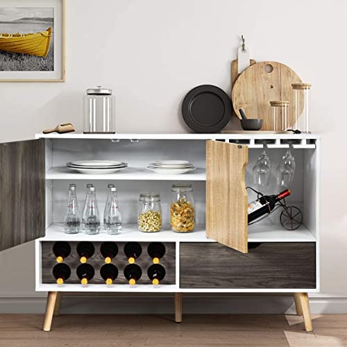 LUARANE Modern Buffet Sideboard, Wooden Kitchen Cupboard with 10 Bottle Wine Rack 3-Row Glass Holder Storage Shelves Drawer, Console Table for Dinging Room Living Room, White & Wood