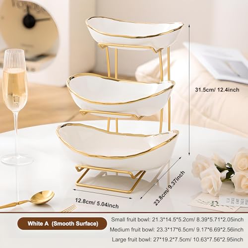 Gold Silver Fruit Bowl with Metal Stand, 3 Tier Ceramic White Fruit Bowl Fruit Rack for Kitchen Counter, Tiered Fruit Basket for Snacks Bread Candy Storage (White A (Smooth Surface)) - color: White A (Smooth Surface)