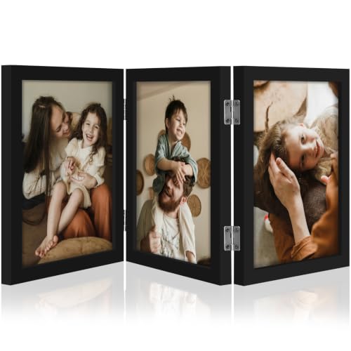 decorUhome Black Triple 6x8 Picture Frame Vertical, MDBK08 | "Z" Shape Folding Design Engineered Wood Trifold Photo Frame with Plexiglass for Tabletop Display - color: Black, size: 6x8