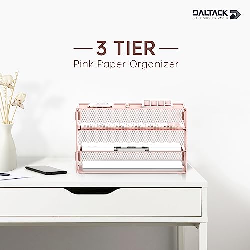 DALTACK 3 Tier Letter Tray Paper Organizer for Desk, Mesh Metal Desk File Organizer with Sliding Trays for Letter/A4 Paper, Mail, Bills & Folders, Pink - color: Pink