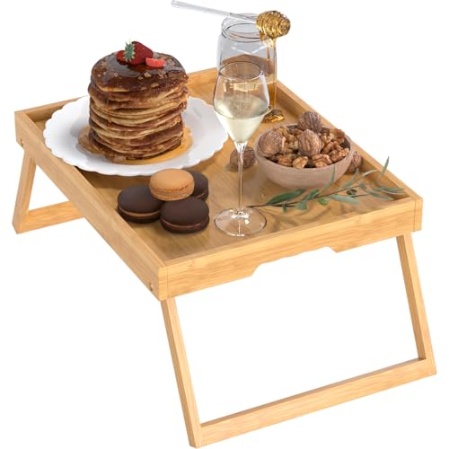 Bamboo Bed Tray Table with Foldable Legs, Breakfast in Bed Tray for Eating, Kitchen Serving Trays, Folding Table for Sofa, Beds, Eating, Working, Used As Laptop Desk Snack Trays, Large Bamboo - color: Bamboo, size: Large