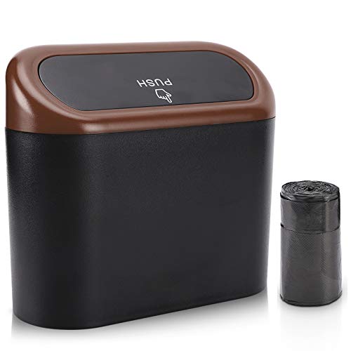 Accmor Car Trash Can with Lid, Leakproof Vehicle Trash Bin Auto Dustbin Organizer, Waterproof Mini Garbage Bin Trash Container with Garbage Bag for Automotive Car, Home, Office, Kitchen - color: Black/Brown Lid
