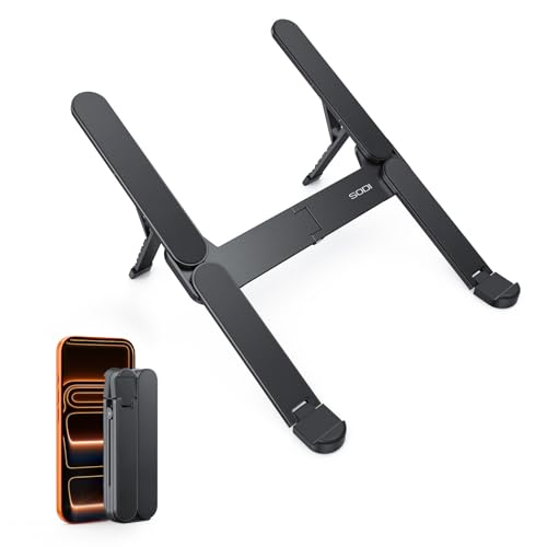 SODI Ultra Compact Foldable Laptop Stand - Portable Laptop Holder for Desk & Travel Use, Ergonomic Aluminum Computer Holder with Adjustable Height for MacBook, Tablet 10-16" (Dark Black, Bi-Fold) - color: Dark Black, size: Bi-Fold