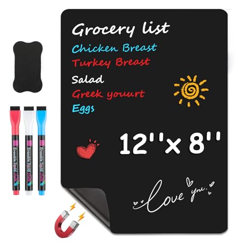 MaxGear Magnetic Black Dry Erase Board, 12 x 8 Inch, Chalk Markers Included | Strong Magnetic Surface, Easy to Write and Erase,Ideal for To-do Lists,Includes 3 Chalk Markers 1 Eraser - color: Black, size: 12"x8"