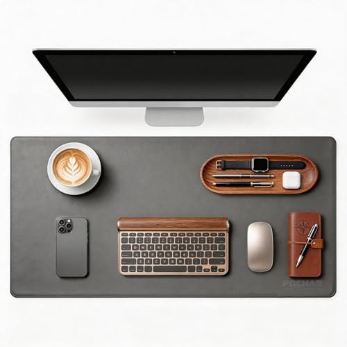 POCHAR Vegan Leather Desk Mat 31" x 16" - Desk Pad Protector for Desktop | Non-Slip PU Leather Dual-Sided Office Desk Blotter for Laptop Mouse Keyboard - Waterproof Writing Signing Pad, Gray - color: Gray