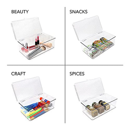 Isaac Jacobs Medium Stackable Organizer Bin (10.75”x6.5”x3.7”) w/ Hinged Lid, Clear Storage Box, Home, Office, School, Fridge, Bathroom, Kitchen, Pantry Container, BPA-Free, Food Safe (Medium, Clear) - size: Medium