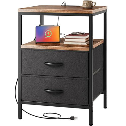 Huuger Night Stand with Charger Station, 27.7 Inch Tall Nightstand, Bed Side Table with 2 Fabric Drawers, Fabric Drawer Dresser for Bedroom, Living Room, Rustic Brown and Black - color: Rustic Brown and Black, size: 11.8"d X 17.7"w X 27.7"h (2 Drawers)