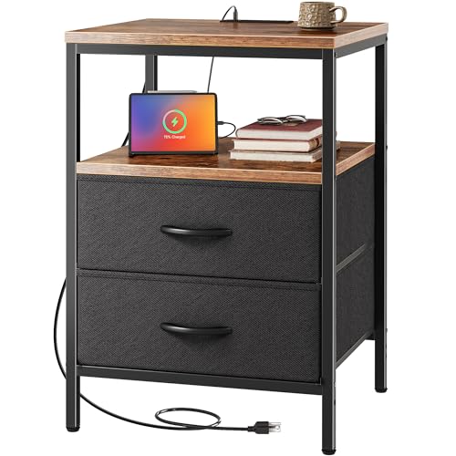 Huuger Night Stand with Charger Station, 27.7 Inch Tall Nightstand, Bed Side Table with 2 Fabric Drawers, Fabric Drawer Dresser for Bedroom, Living Room, Rustic Brown and Black - color: Rustic Brown and Black, size: 11.8"d X 17.7"w X 27.7"h (2 Drawers)