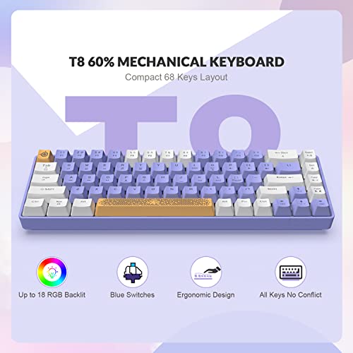 ZIYOU LANG RK-T8 Wired 65% Mechanical Gaming Keyboard with RGB LED Backlit Anti-ghosting TKL Mini 68 Key Custom Coiled C to A Cable Tactile Blue Switch for PS4 PS5 Xbox PC Mac Gamer(White Purple) - color: White Purple, size: 65% Keyboard