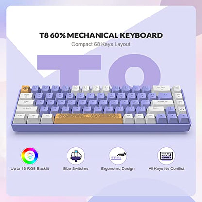 ZIYOU LANG RK-T8 Wired 65% Mechanical Gaming Keyboard with RGB LED Backlit Anti-ghosting TKL Mini 68 Key Custom Coiled C to A Cable Tactile Blue Switch for PS4 PS5 Xbox PC Mac Gamer(White Purple) - color: White Purple, size: 65% Keyboard