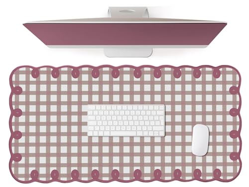 Cute Purple Pink Scalloped Desk Mat Kawaii Pastel Retro Checkered Large Mouse Pad Aesthetic Vintage Cozy Office Desk Decor for Women Girl Stitched Pad for Computer Keyboard & Mouse 31 * 15.7in - color: A2- Purple Red