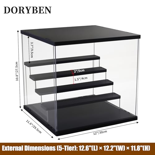 Acrylic Display Case with Adjustable LED Light, 5 Tier Clear Display Box Dustproof Showcase for Action Figures, Collectibles and Mini Toys, Assembly Display Cabinet(Black 12.5×12.2×11.8in) - color: Black, size: 5 Tier 12.5×12.2×11.8in