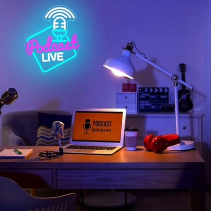 Podcast Live Neon Light Sign Rose White Letter LED Sign Studio Live Neon Light for Wall Decor Podcasters Recording Studios for Beer Bar Streaming Studio Gamer Room Bedroom Man Cave - style: podcast live