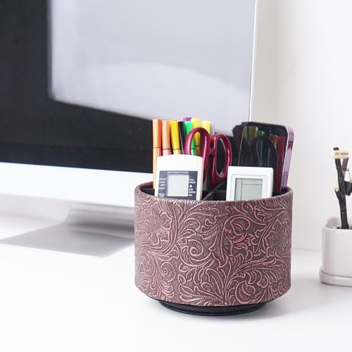 lizimandu Round Leather Art Supply Organizer,Remote Control Holder,360 Degree Spinning,Multi-Functional Pencil Holder,4 Compartments Desktop Stationary Organizer(1-Carved Cooper Red) - color: 1-Carved Cooper Red