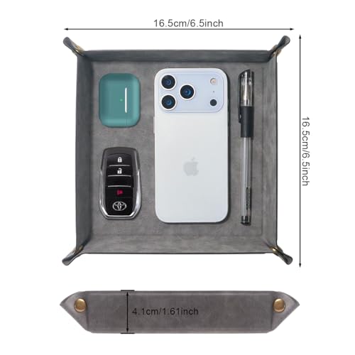 Valet Tray Desktop Storage Organizer – Premium PU Leather Catchall Bedside Vanity Tray Nightstand Caddy Holder for Remote Controller, Keys, Phone, Wallet, Coin, Jewelry,Grey - color: Gray