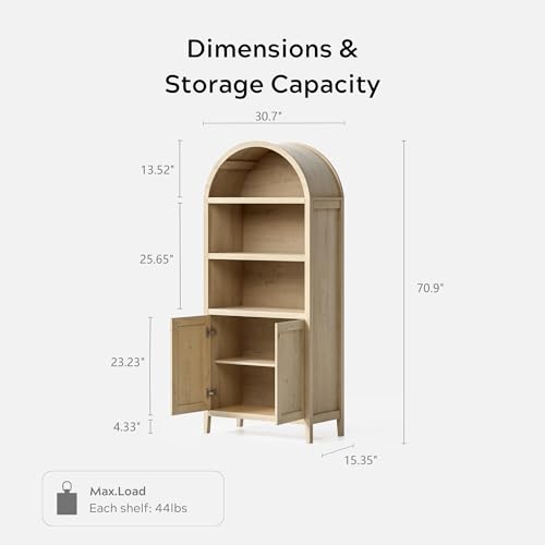 EYYTHUNG 71" Tall Arched Cabinet, 5-Tier Arched Bookcase Storage Display Cabinet with Doors and Shelves, Modern Farmhouse Bookshelf Kitchen Pantry Cabinet for Living Room Bedroom, Light Oak - color: Light Oak