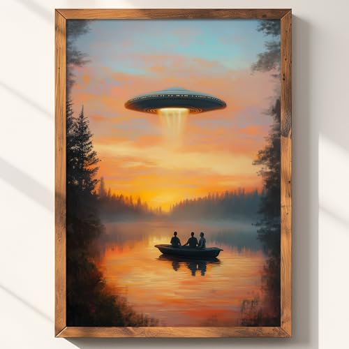 Retro Ufo Canvas Wall Art Landscape Artwork Vintage Ufo Poster Landscape Sunset Painting Moody Print Forest Scene Pictures Alien Abduction Poster Vintage Lake Painting For Bedroom 16x24inch No Frame - color: A3Unframed