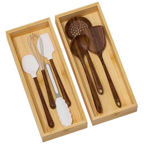 Kitchen Drawer Organizer Bins, Stackable Bamboo Deep Drawer Organizer for Silverware, Utensils, Cutlery, Flatware, Junk Drawer, Dresser, Bathroom, 15" x 6" x 2.5" (Set of 2) - color: Bamboo, size: 15 x 6 x 2.5 Inch