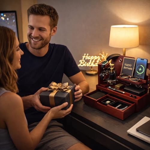 Nightstand Organizer for Men with Large Drawer, Wood Phone Docking Station for Phone, Apple Watch, Wallet & Keys, Ideal Birthday Gift for Father Husband, Bedside Desk Organizer (Mahogany) - color: Mahogany