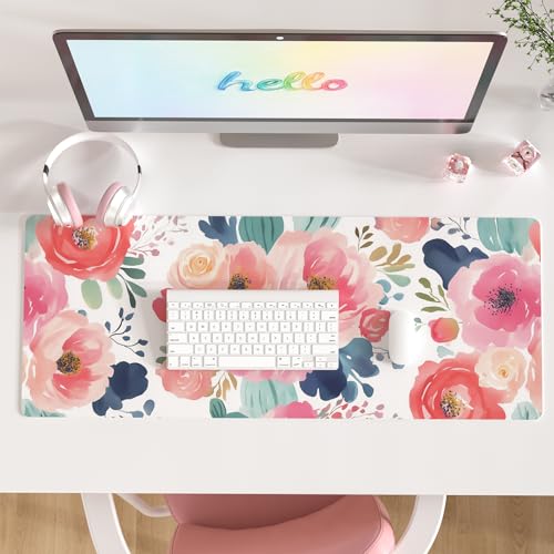 Colorful Star Large Mouse Pad, Pink Floral Desk Mat for Desktop, Women Girls PU Leather Waterproof Gaming Mousepad, Computer PC Laptop Protector Flowers Desk Pads for School Office Home 31.5" x 11.8" - color: Watercolor Pink Flower, size: 31.5L x 11.8W in