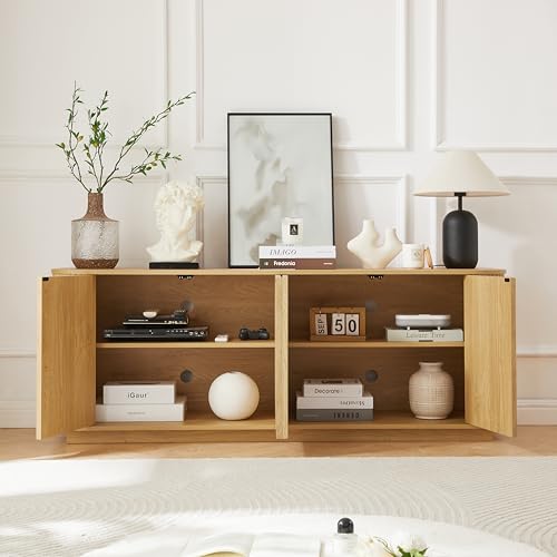 64" Modern TV Stand Sideboard Storage Cabinet, Wooden Curved TV Console with Sliding Doors, Wave Pattern Buffet Cabinet Wooden Vertical Striped Table for Kitchen/Bedroom/Entryway (Natural) - color: Natural