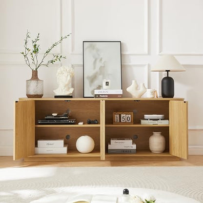 64" Modern TV Stand Sideboard Storage Cabinet, Wooden Curved TV Console with Sliding Doors, Wave Pattern Buffet Cabinet Wooden Vertical Striped Table for Kitchen/Bedroom/Entryway (Natural) - color: Natural