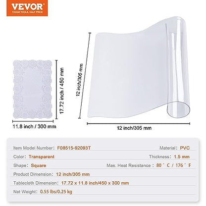 VEVOR Clear PVC Square Tablecloth, 12" x 12", 1.5mm Thick, Waterproof, Stain Resistant, Durable, Desk, Coffee Table, Dining Room Table - size: 12" x 12" (Square)