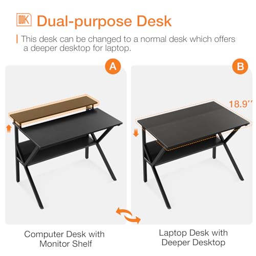 ODK Small Desk, 27.5 Inch Computer Desk for Small Spaces, Study Desk with Storage & Monitor Stand, Black - color: Black