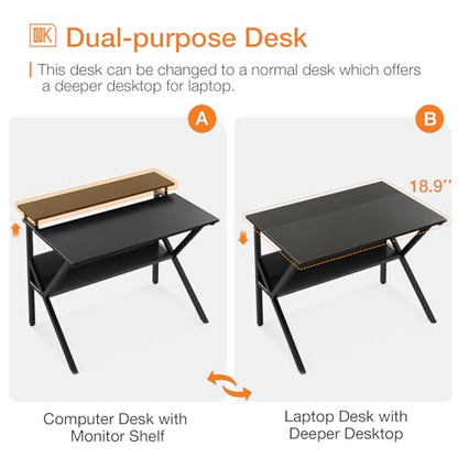 ODK Small Desk, 27.5 Inch Computer Desk for Small Spaces, Study Desk with Storage & Monitor Stand, Black - color: Black
