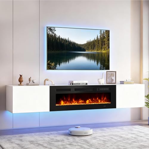 80'' Floating TV Stand with 40" Electric Fireplace, Wall Mounted Entertainment Center with Storage for TVs up to 90", Adjustable 12-Color LED Lights Media TV Console for Living Room - color: White & Black, size: 80 IN