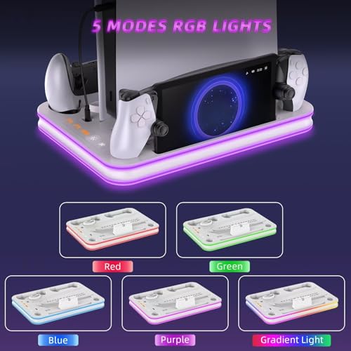Charger Dock Compatible with PS Portal and PS5, PS5 Stand and Cooling Station with RGB LED Charging Dock, Edge Controller and Headset and Remote Holders - White - color: White