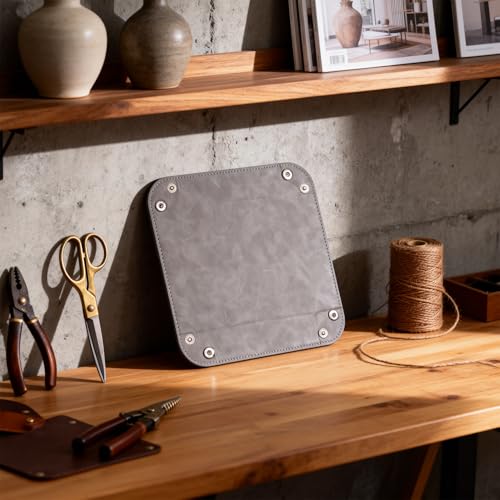 Valet Tray Desktop Storage Organizer – Vegan Leather Catchall Bedside Vanity Tray Nightstand Caddy Holder for Remote Controller, Watch, Keys, Phone, Wallet, Coin, Jewelry, Stone Gray - color: Stone Gray