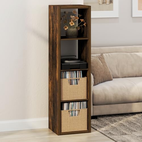 Furinno Cubicle Record Player Stand with Vinyl Storage, 4-Cube 1.2 Extra Thick Vinyl Record Storage, Open Back Media Shelf for CD DVD Blueray Game Disc, for Living Room, Home Office, Amber Pine - color: Amber Pine, size: Extra Thick, 4-Cube Vertical