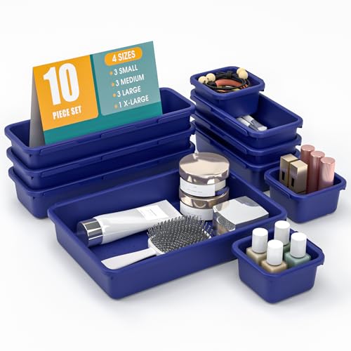10 PCS Drawer Organizer Set, 4 Size Makeup Drawer Divider Organizer With Non-Slip Pads, Interlocking Plastic Storage Bins for Office,Jewelry Vanity,Gadgets, Bathroom,Kitchen, Navy - color: Navy, size: 10Pack